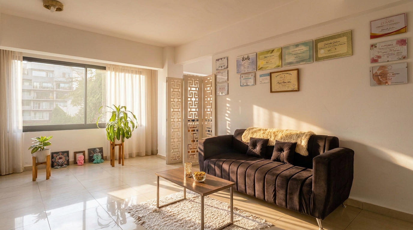 Sala de espera de Siempre Bella con luz natural, plantas y la pared de diplomas del equipo.