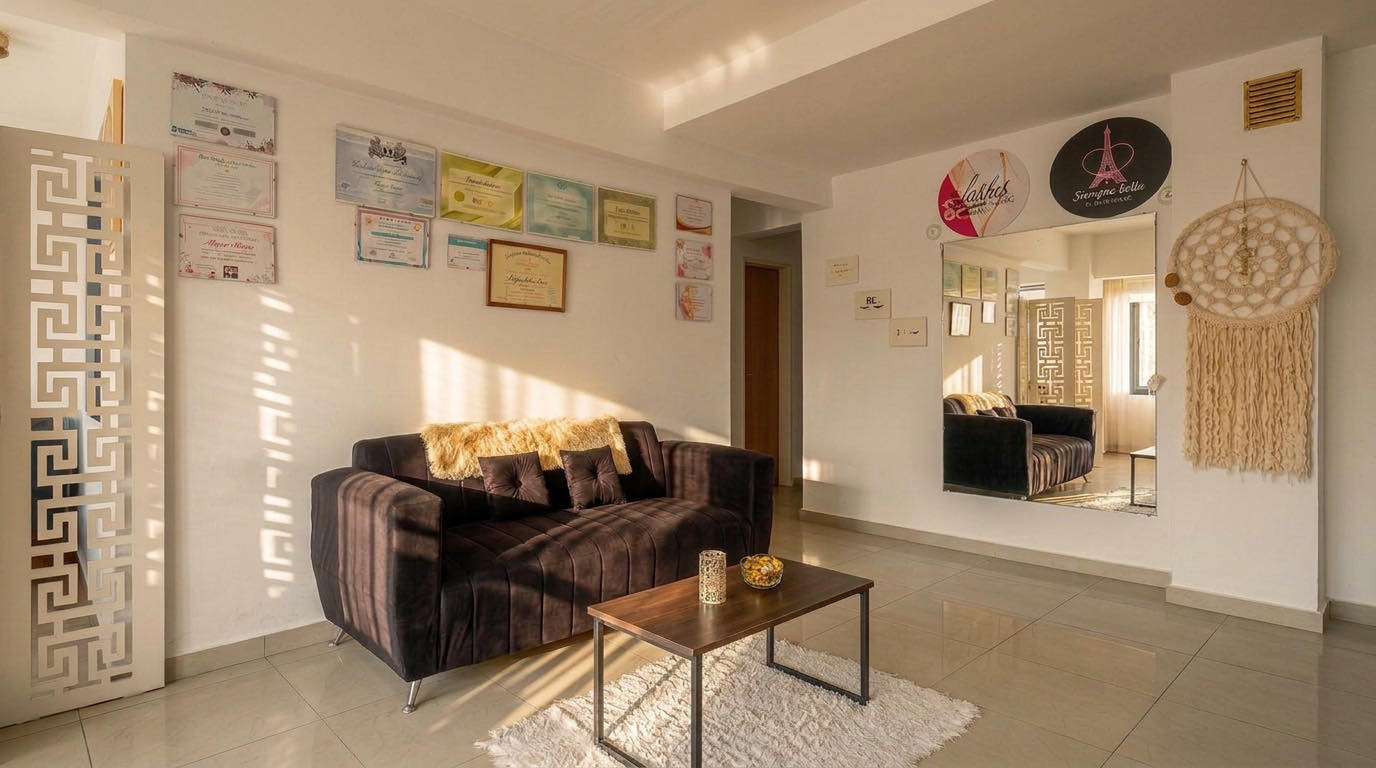 Recepción de Siempre Bella: sillón, biombo calado y espejo con el logo del centro.